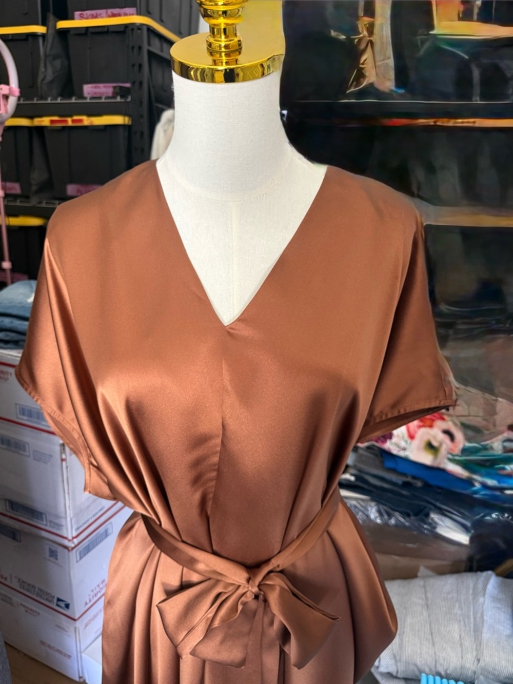 Quince Satin V-Neck Dress in Copper - Picture 2 of 6